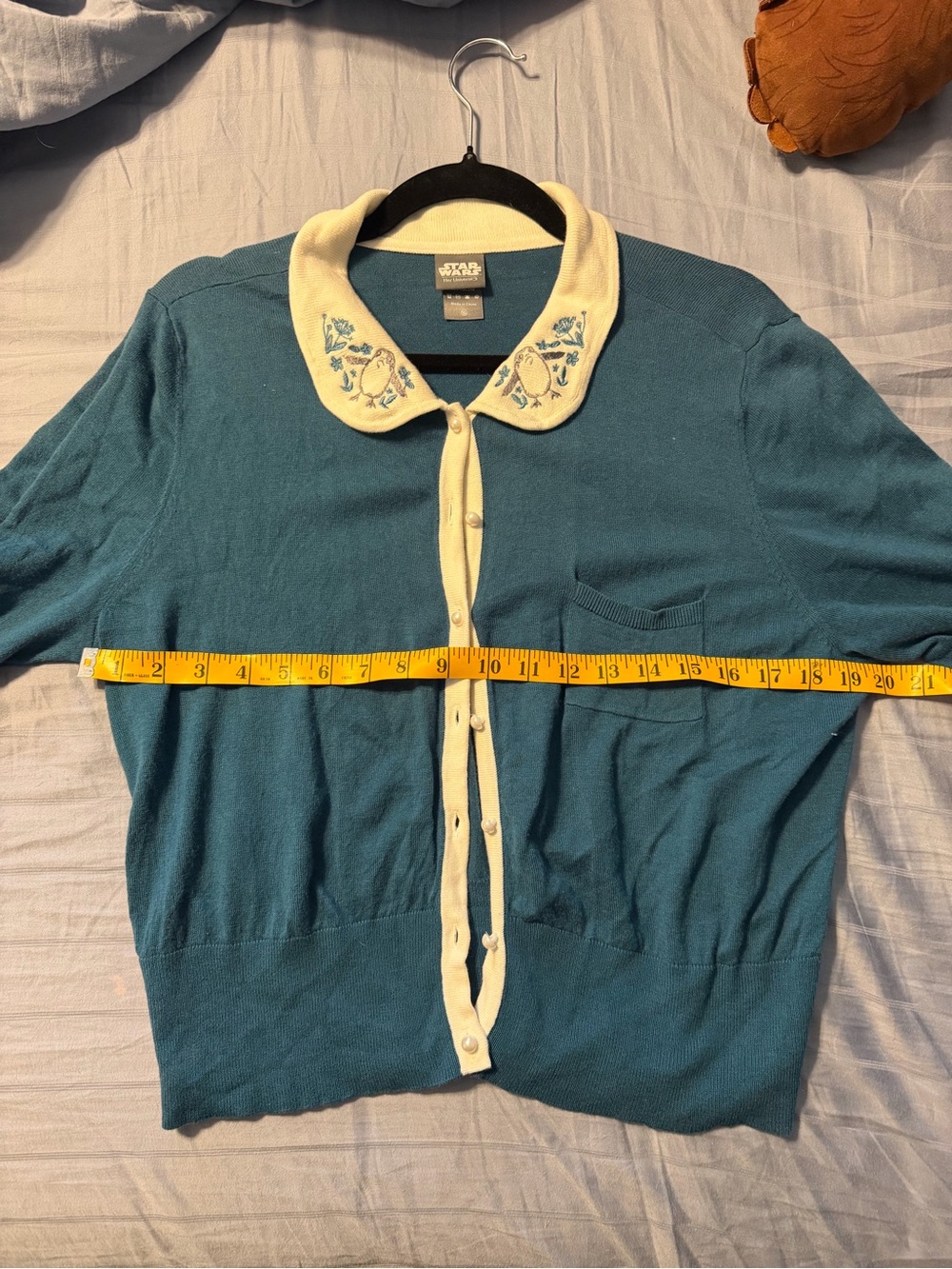 Her Universe Teal and White Short Sleeve Cardigan with Embroidered Collar - Picture 9 of 9